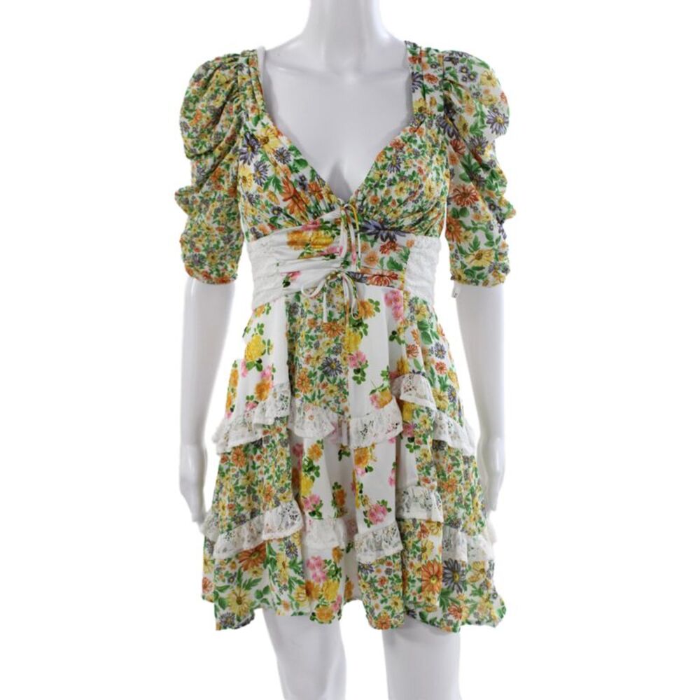 For Love & Lemons Womens Multicolor Floral VNeck Short Sleeve Mini Dress Size S